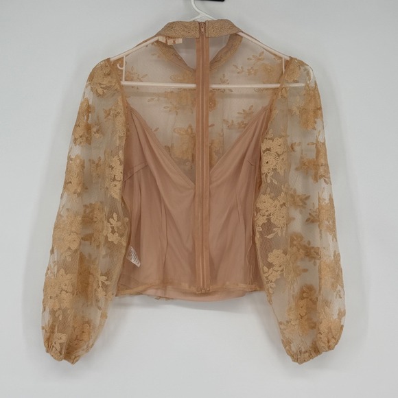 Peach Lace Sheer Blouse Mock Neck Puff Sleeve Romantic Top M As Is - Picture 2 of 9